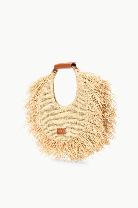 STAUD Moon Raffia Tote Bag Natural Fringe